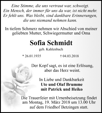 Anzeige von Sofia Schmidt von Reutlinger General-Anzeiger
