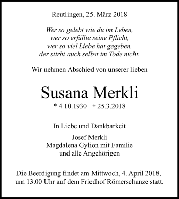 Anzeige von Susana Merkli von Reutlinger General-Anzeiger