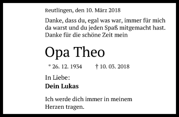 Anzeige von Theo Rinker von Reutlinger General-Anzeiger