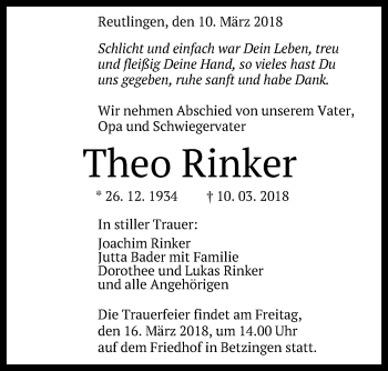 Anzeige von Theo Rinker von Reutlinger General-Anzeiger