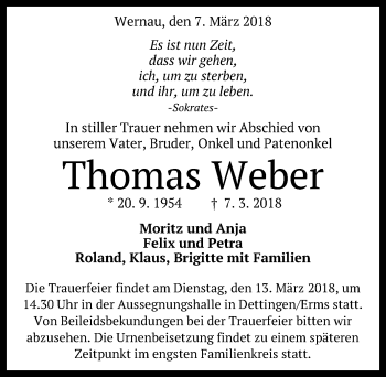 Anzeige von Thomas Weber von Reutlinger General-Anzeiger