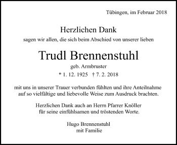 Anzeige von Trudl Brennenstuhl von Reutlinger General-Anzeiger