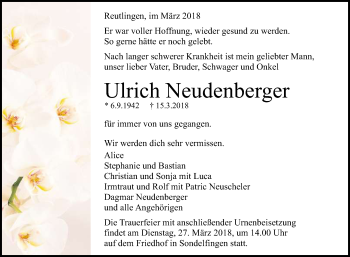 Anzeige von Ulrich Neudenberger von Reutlinger General-Anzeiger
