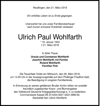 Anzeige von Ulrich Paul Wohlfarth von Reutlinger General-Anzeiger