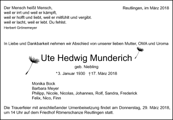 Anzeige von Ute Hedwig Munderich von Reutlinger General-Anzeiger