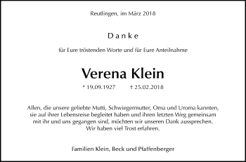 Anzeige von Verena Klein von Reutlinger General-Anzeiger