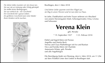 Anzeige von Verena Klein von Reutlinger General-Anzeiger