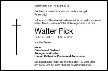 Anzeige von Walter Fick von Reutlinger General-Anzeiger