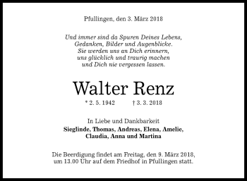 Anzeige von Walter Renz von Reutlinger General-Anzeiger