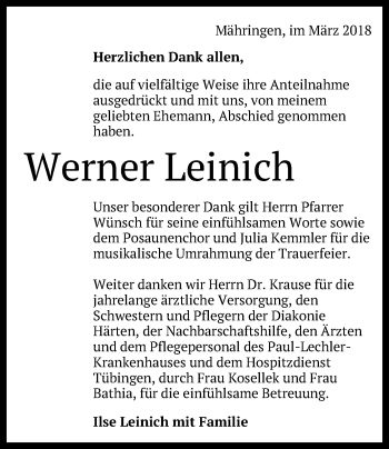 Anzeige von Werner Leinich von Reutlinger General-Anzeiger