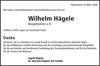 Anzeige von Wilhelm Hägele von Reutlinger General-Anzeiger