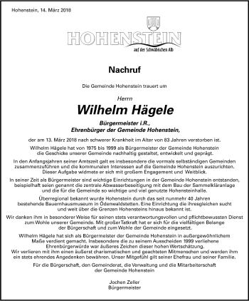 Anzeige von Wilhelm Hägele von Reutlinger General-Anzeiger