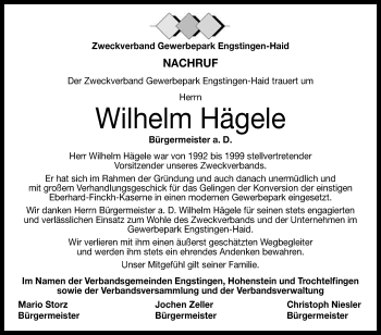 Anzeige von Wilhelm Hägele von Reutlinger General-Anzeiger