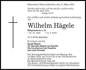 Anzeige von Wilhelm Hägele von Reutlinger General-Anzeiger