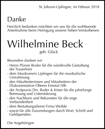 Anzeige von Wilhelmine Beck von Reutlinger General-Anzeiger