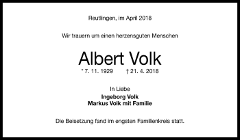 Anzeige von Albert Volk von Reutlinger General-Anzeiger