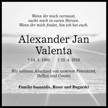 Anzeige von Alexander Jan Valenta von Reutlinger General-Anzeiger