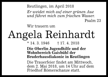Anzeige von Angela Reinhardt von Reutlinger General-Anzeiger
