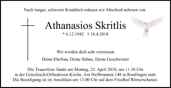 Anzeige von Athanasios Skritlis von Reutlinger General-Anzeiger