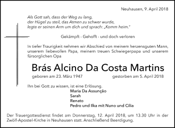 Anzeige von Brás Alcino Da Costa Martins von Reutlinger General-Anzeiger