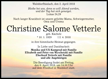 Anzeige von Christine Salome Vetterle von Reutlinger General-Anzeiger