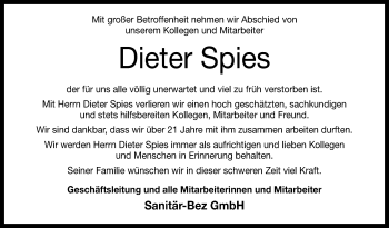 Anzeige von Dieter Spies von Reutlinger General-Anzeiger