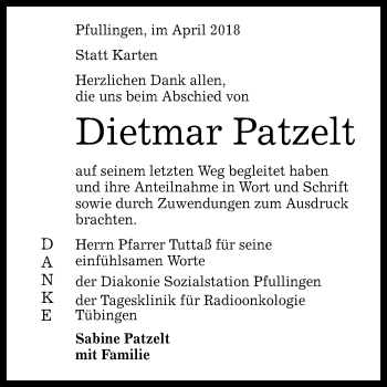 Anzeige von Dietmar Patzelt von Reutlinger General-Anzeiger