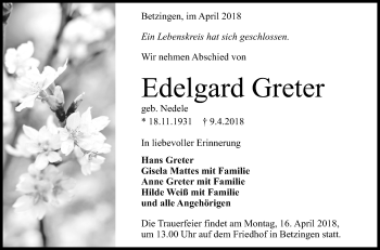Anzeige von Edelgard Greter von Reutlinger General-Anzeiger
