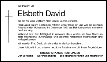 Anzeige von Elsbeth David von Reutlinger General-Anzeiger