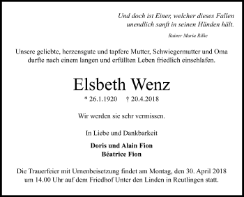 Anzeige von Elsbeth Wenz von Reutlinger General-Anzeiger