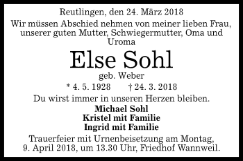 Anzeige von Else Sohl von Reutlinger General-Anzeiger