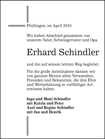 Anzeige von Erhard Schindler von Reutlinger General-Anzeiger