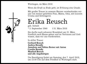 Anzeige von Erika Reusch von Reutlinger General-Anzeiger