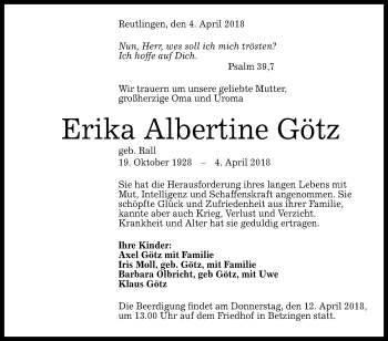 Anzeige von Erika Albertine Götz von Reutlinger General-Anzeiger