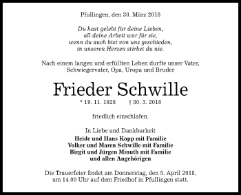 Anzeige von Frieder Schwille von Reutlinger General-Anzeiger