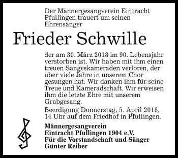 Anzeige von Frieder Schwille von Reutlinger General-Anzeiger