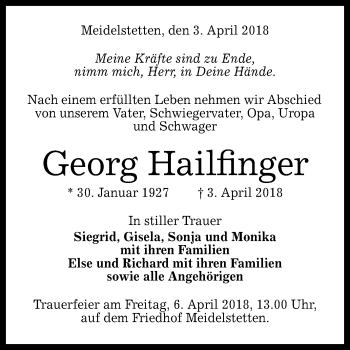 Anzeige von Georg Hailfinger von Reutlinger General-Anzeiger