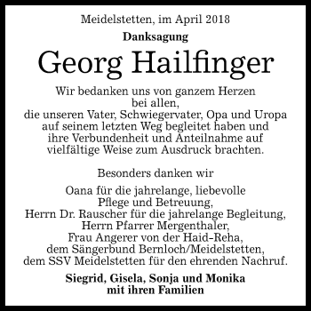 Anzeige von Georg Hailfinger von Reutlinger General-Anzeiger