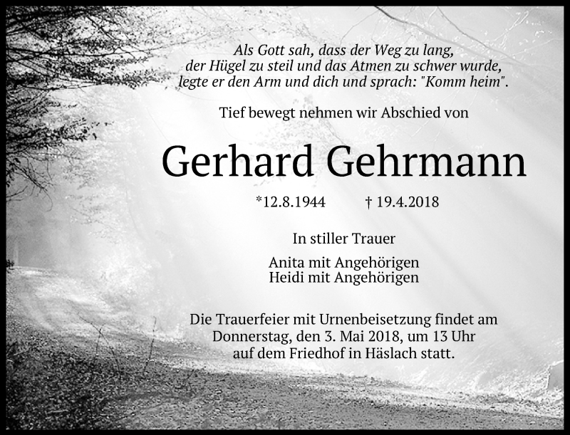  Traueranzeige für Gerhard Gehrmann vom 28.04.2018 aus Reutlinger General-Anzeiger
