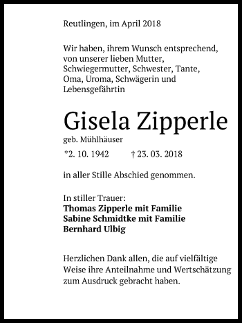 Anzeige von Gisela Zipperle von Reutlinger General-Anzeiger
