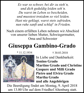 Anzeige von Giuseppa Gambino-Grado von Reutlinger General-Anzeiger