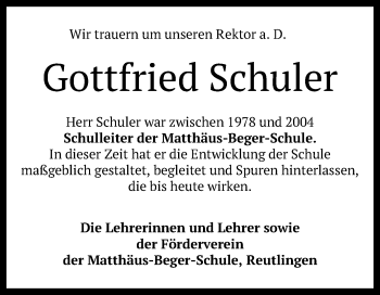 Anzeige von Gottfried Schuler von Reutlinger General-Anzeiger