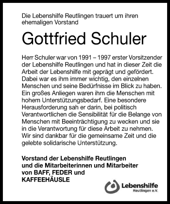 Anzeige von Gottfried Schuler von Reutlinger General-Anzeiger