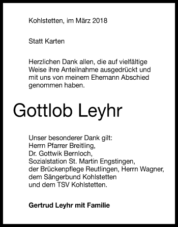 Anzeige von Gottlob Leyhr von Reutlinger General-Anzeiger
