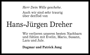 Anzeige von Hans-Jürgen Dreher von Reutlinger General-Anzeiger