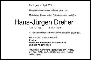 Anzeige von Hans-Jürgen Dreher von Reutlinger General-Anzeiger