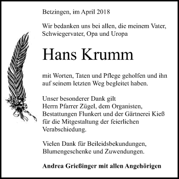 Anzeige von Hans Krumm von Reutlinger General-Anzeiger
