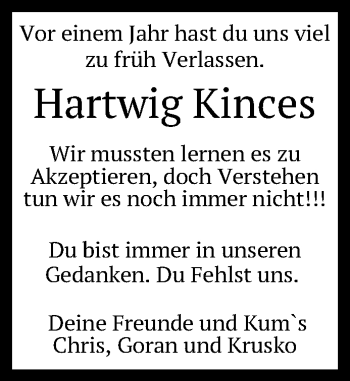 Anzeige von Hartwig Kinces von Reutlinger General-Anzeiger