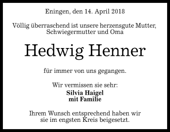 Anzeige von Hedwig Henner von Reutlinger General-Anzeiger