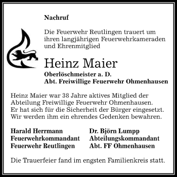 Anzeige von Heinz Maier von Reutlinger General-Anzeiger